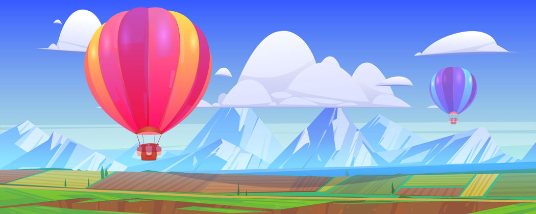 草地热气球飞过山谷里绿油油的草地和田野的山景空气云岩石