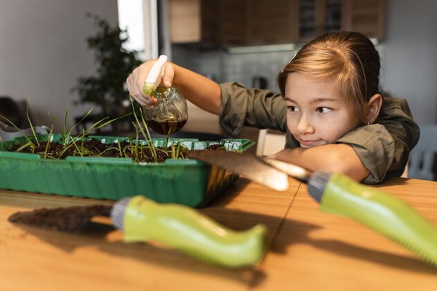 有机小女孩在家里浇灌庄稼的正面图种植栽培园艺