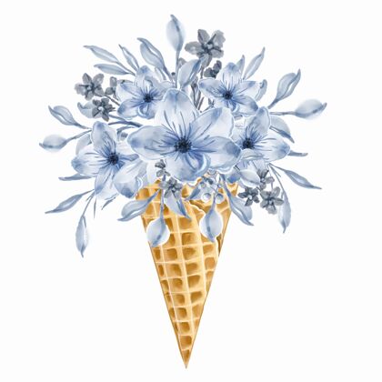 女性蓝色野花花束冰淇淋筒水彩画魅力抽象