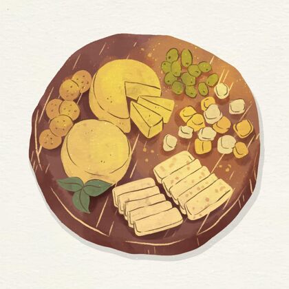 美食水彩画奶酪板插图与伴奏菜肴课程水彩画