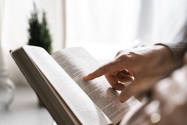 精神男人用手指阅读圣经的侧视图信条男性神学