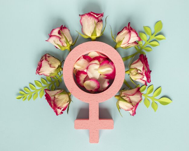 水平妇女节用玫瑰装饰女性标志的平铺性别平等平等女权主义