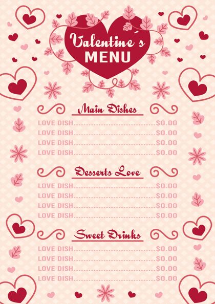 庆祝情人节菜单模板平面设计情人节准备打印菜单
