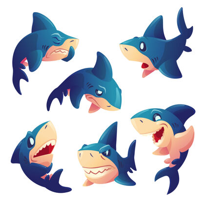 表情可爱的鲨鱼角色与不同的情感隔离在白色背景上矢量集卡通吉祥物 鱼与牙齿微笑 愤怒 饥饿 悲伤和惊讶创意表情集 动物聊天机器人鱼有趣海洋