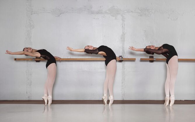 表演专业芭蕾舞演员在紧身衣裤一起训练的侧视图女尖头鞋芭蕾舞演员