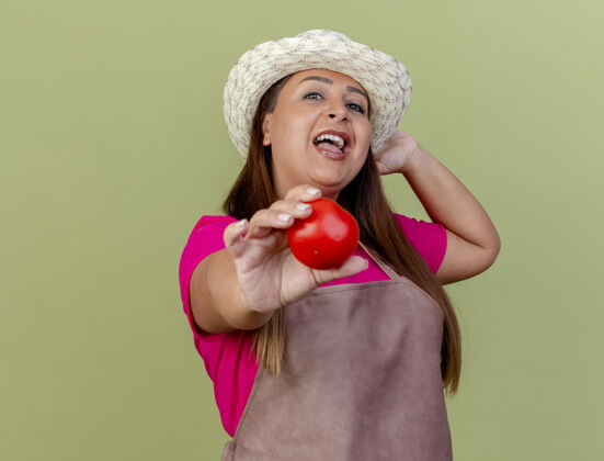 新鲜围裙戴帽子的中年园丁妇女手里拿着新鲜的西红柿 站在明亮的背景下 面带微笑地看着镜头微笑帽子抱
