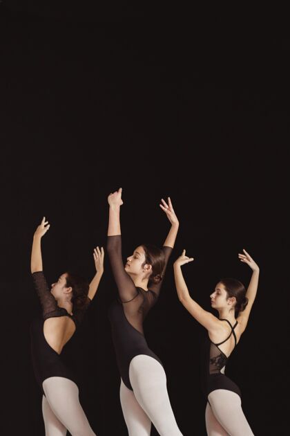 经典侧视图专业芭蕾舞演员在紧身衣裤与复制空间芭蕾舞演员芭蕾舞舞蹈