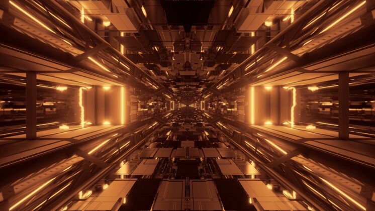 走廊未来科幻太空隧道通道与发光闪亮的灯光透视科技金色