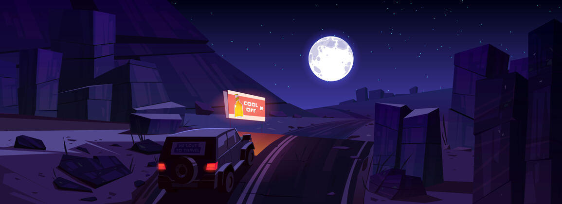 Suv夜晚沙漠景观 汽车在路上 广告牌和月亮在天空中月亮夜晚景观