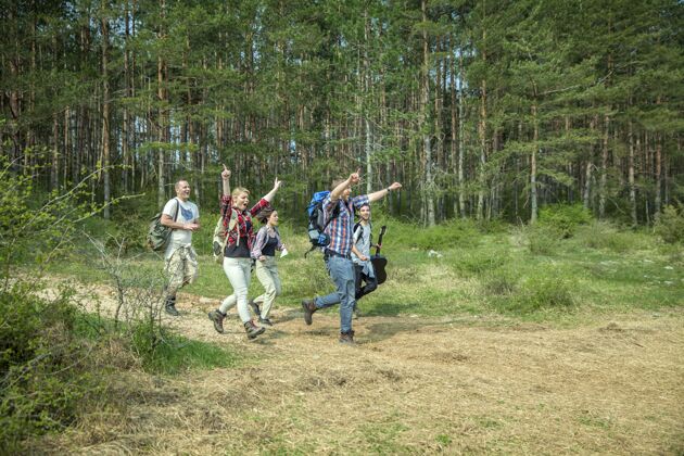 休闲一群快乐的年轻朋友在阳光明媚的夏日享受大自然的乐趣荒野树散步