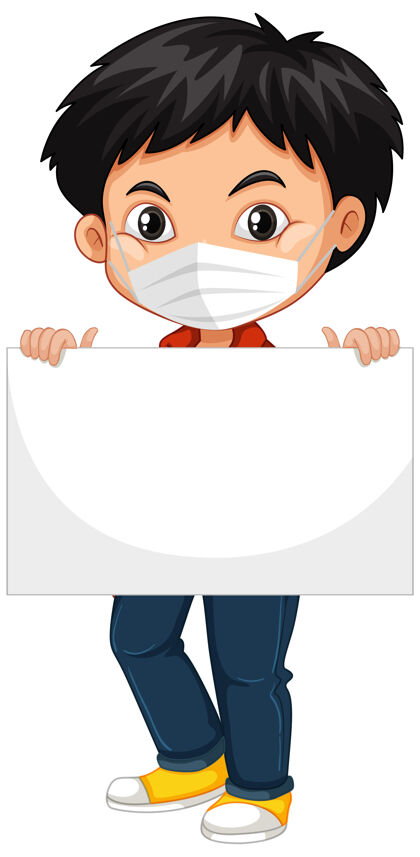 小学生可爱的小男孩 戴着口罩 拿着空白的标语牌或海报冠状病毒概念童年男孩小