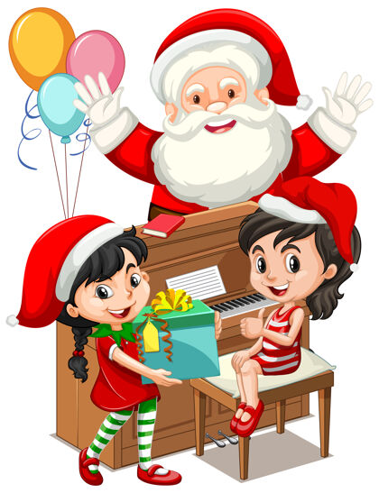 圣诞老人圣诞老人带着两个女孩在圣诞节弹钢琴乐趣插图年轻