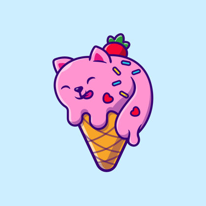 小孩可爱的猫冰淇淋蛋筒卡通图标插图动物美食草莓