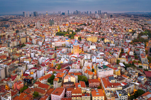 欧洲土耳其加拉塔和伊斯坦布尔城市鸟瞰图清真寺船东方