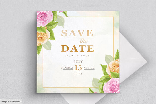 日期带粉色花朵的结婚卡套装婚礼卡片优雅