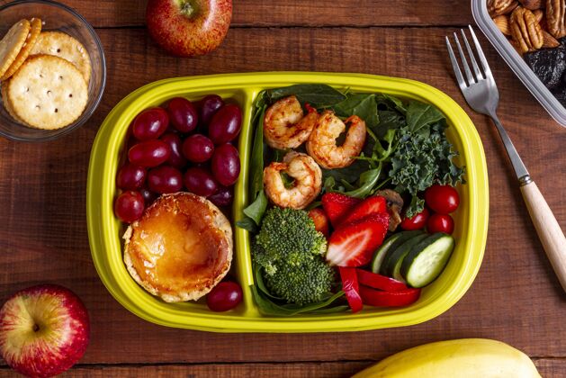 包装俯瞰虾 蔬菜和水果平面布局美味健康