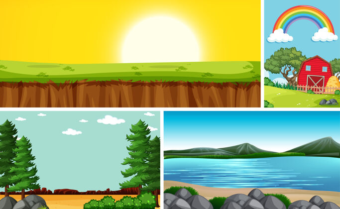 农场四个不同的场景在自然设置卡通风格彩虹辉光景观