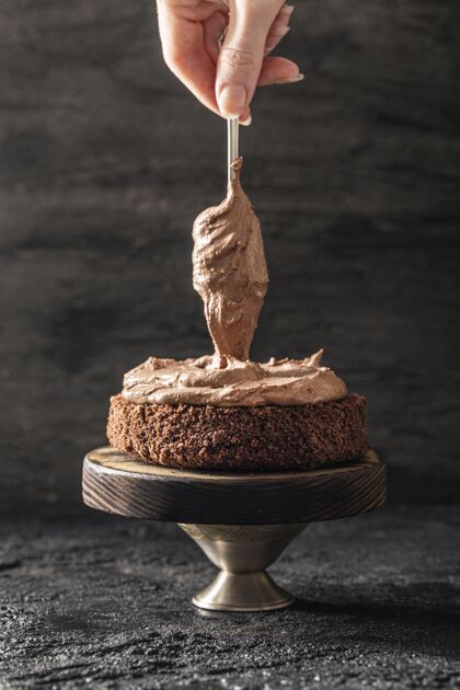 蛋糕美味巧克力蛋糕概念正面图垂直巧克力蛋糕食品