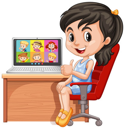 卡通女孩交流视频会议与朋友在白色的背景计算机微笑科技