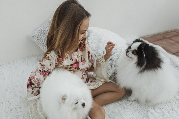 年轻女孩和可爱的白色小狗坐在床上宠物在一起快乐