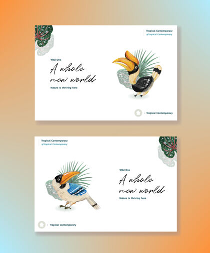 丛林Facebook模板与热带当代概念设计的社交媒体和在线营销水彩插图动物水彩画鸟类