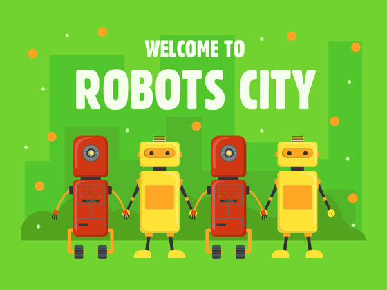 怪物机器人城市封面设计人形机器人 电子人 助手手持矢量插图与绿色背景上的文字机器人概念欢迎海报 网站或网页背景团队学校模板