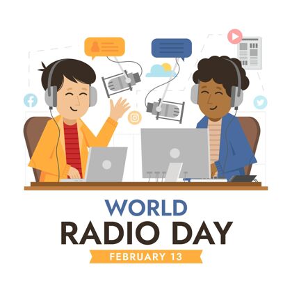 平面平面设计世界广播日背景与主持人音乐扬声器音量