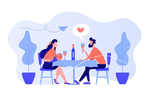 关系恋爱中的幸福夫妻坐在桌边喝酒 小人物浪漫的约会 浪漫的关系 爱情故事的概念粉红珊瑚蓝矢量独立插图男人爱约会