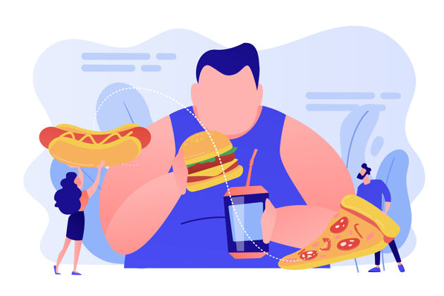 人超重的人吃汉堡包 小人吃快餐暴饮暴食症 强迫性暴饮暴食治疗概念粉红色珊瑚蓝向量孤立的插图肥胖超重披萨
