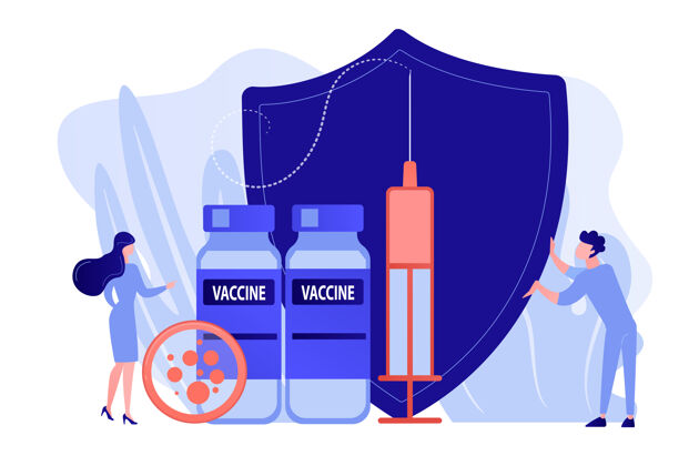 注射小人医生和注射器带疫苗 盾牌疫苗接种方案 疾病免疫疫苗 医疗保健理念粉珊瑚蓝载体隔离说明颜色免疫预防