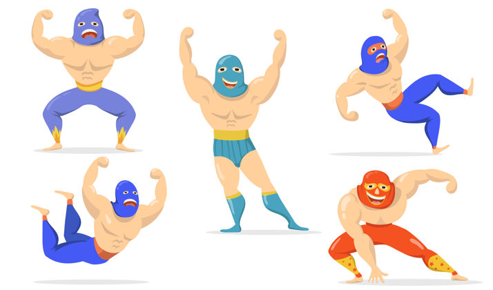 墨西哥人墨西哥拳击手在面具平面项目集卡通摔跤手站立 显示肌肉 下跌 微笑孤立矢量插图集卢卡自由行和武术概念面具战斗运动