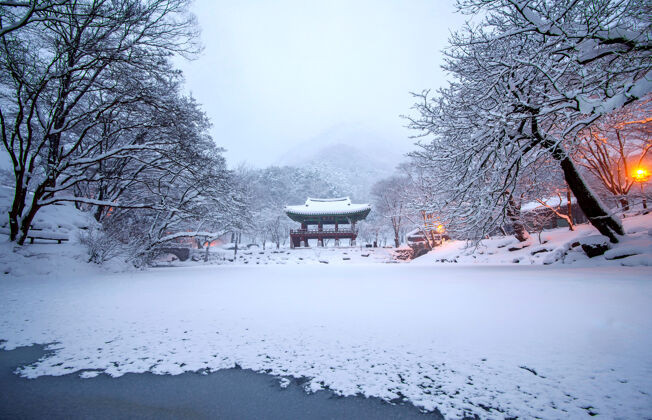 韩国白羊沙寺和降雪 内姜山冬天有雪 韩国名山冬天的风景悬崖裸体微风