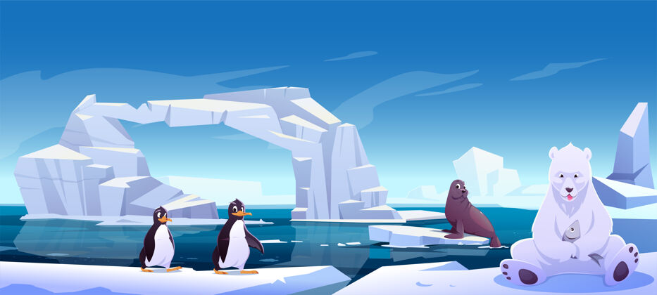 熊野生动物坐在海上的浮冰上 白熊抱着鱼 企鹅和海豹南极或北极居民在户外 海洋野生动物群 卡通插图海洋自然北极