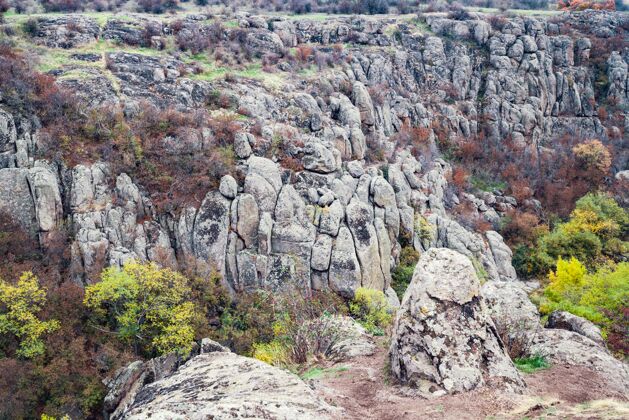 树乌克兰阿克托夫斯基峡谷秋树和大石头环绕空中飞溅岩石
