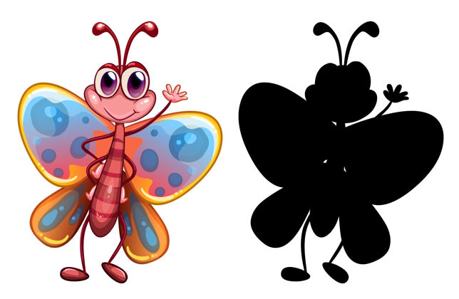 影子一组昆虫卡通人物和它的剪影在白色背景上卡通动物虫子