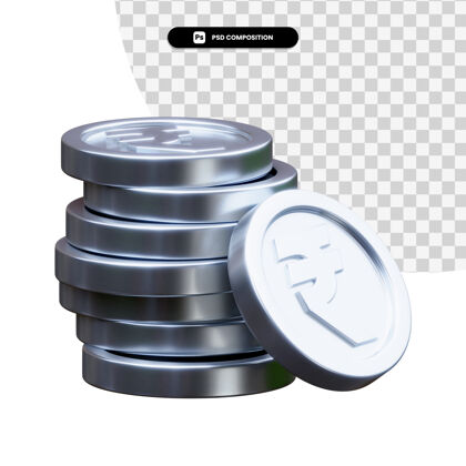 银行一堆银币在3d渲染隔离渲染硬币货币