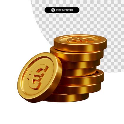 货币一堆金币在3d渲染隔离3d信贷货币