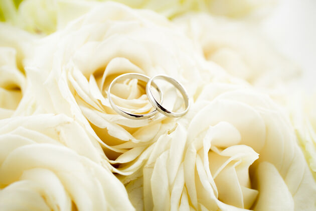 辉煌躺在白玫瑰上的两枚金色结婚戒指的全景图配对建议优雅