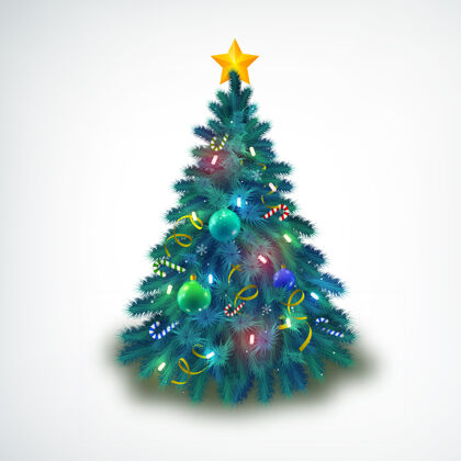 单美丽的圣诞树上装饰着圣诞饰品和星星常青树舞会树