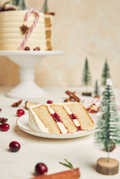 传统把一片圣诞蛋糕放在盘子里圣诞树盘子装饰
