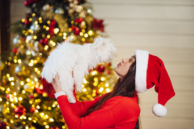 宠物一个女孩在圣诞树上用手牵着一只小狗年轻阳光小