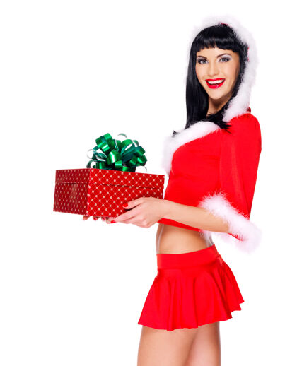 美丽资料图片美丽的雪女手持圣诞新年礼盒-孤立的白色礼物购物给予