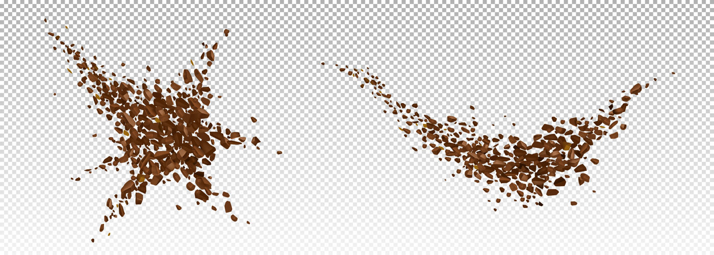 飞行咖啡爆炸 现实的碎豆粉爆裂与棕色颗粒飞溅 飞行颗粒 饮料或咖啡馆隔离的设计元素 三维矢量插图爆炸透明灰尘