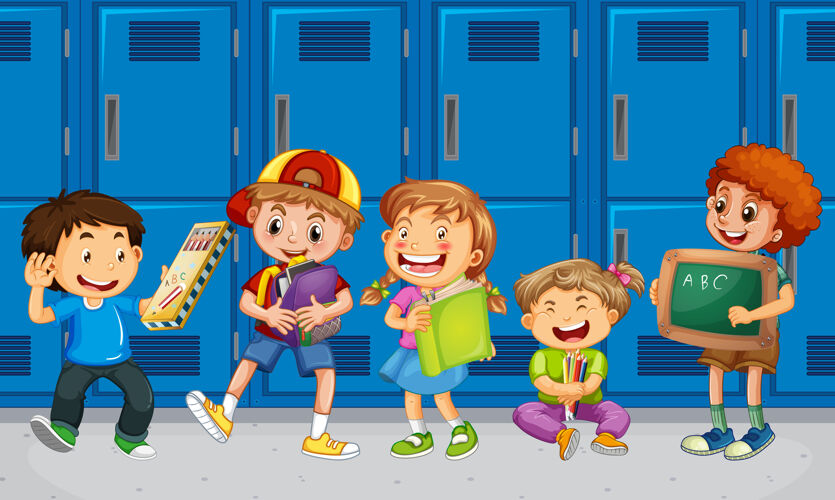 储物柜孩子们拿着学校的储物柜和朋友聊天人物交流蓝色