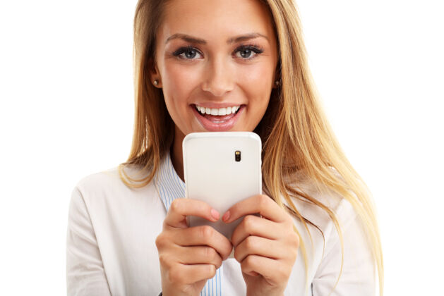 漂亮美丽的年轻女商人用手机隔离在白色背景上商务Wifi女人