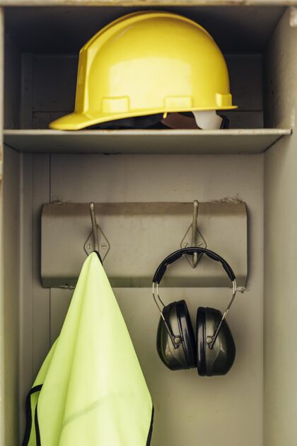 工人前视图安全帽和耳机挂在衣柜里安全帽职业硬