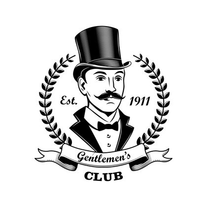 圆柱体绅士俱乐部徽章矢量插图男人在吸烟和顶帽子 桂冠花圈框架酒吧 酒吧或商店的概念标签或徽章模板桂冠酒吧书法