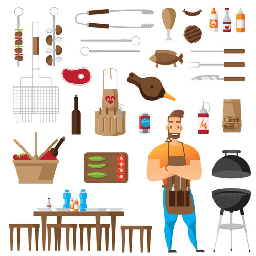 工具烧烤和烧烤配件平面图标集隔离午餐厨师野餐