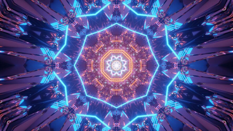 分形蓝色和橙色激光图案的宇宙背景-完美的数字墙纸科学幻想能量