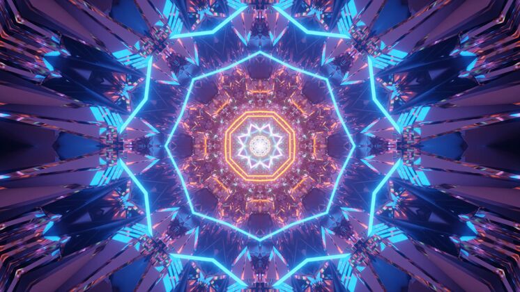 分形蓝色和橙色激光图案的宇宙背景-完美的数字墙纸科学幻想能量